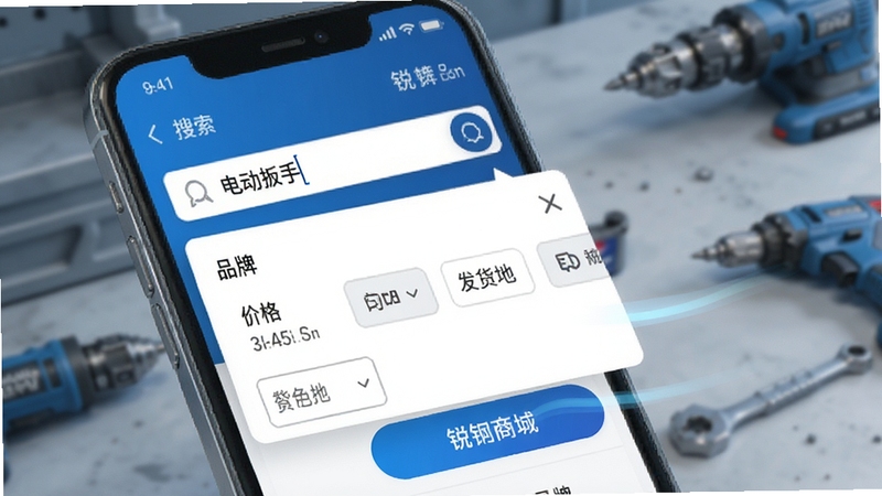 锐锢商城 搜索筛选功能展示图 手机屏幕显示搜索框输入“电动扳手” 下方弹出品牌 价格区间 发货地等筛选条件 界面清晰 交互流畅 科技蓝配色
