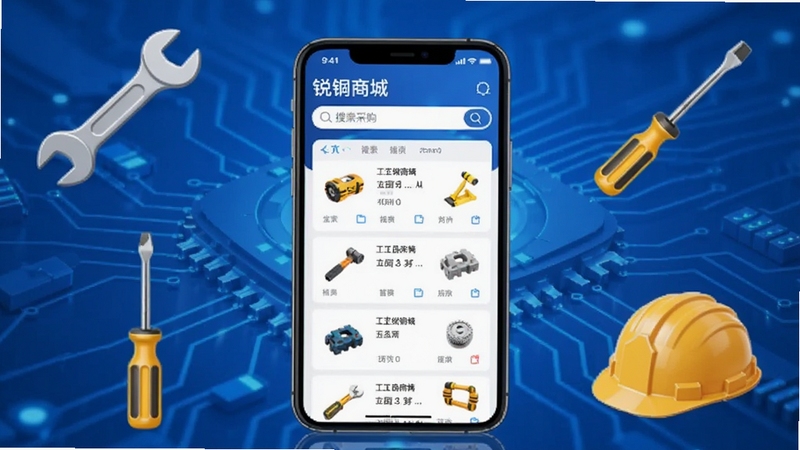 锐锢商城 工业品采购平台手机APP界面展示 蓝色科技感背景 中央放置手机模型 屏幕显示五金工具商品列表与搜索栏 周围环绕扳手 螺丝刀 安全帽等工业元素图标 整体风格简洁专业 适配Boogu模型生成