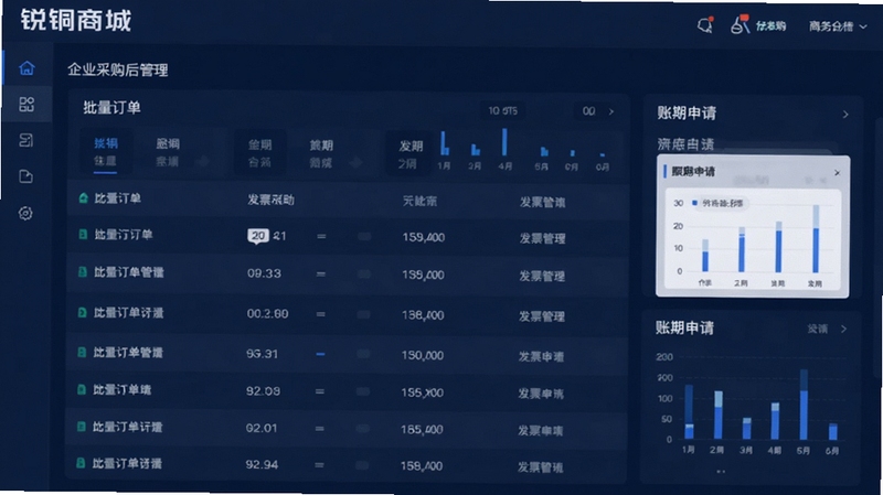 锐锢商城 企业采购后台管理界面 展示批量订单列表 发票管理 账期申请入口 商务风格 深蓝色调 数据图表点缀 体现专业采购服务