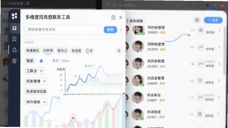 同学信息管理工具多维度检索功能界面,画面主体为软件搜索栏与标签筛选面板,背景展示同学列表动态刷新效果,突出快速查找联系人的便捷场景,适配AI生图生成