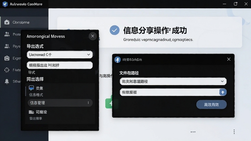 同学信息管理工具数据导出与分享操作界面,画面主体为导出格式选择菜单与文件保存路径窗口,背景展示导出成功提示,突出信息管理工具的实用性与高效性