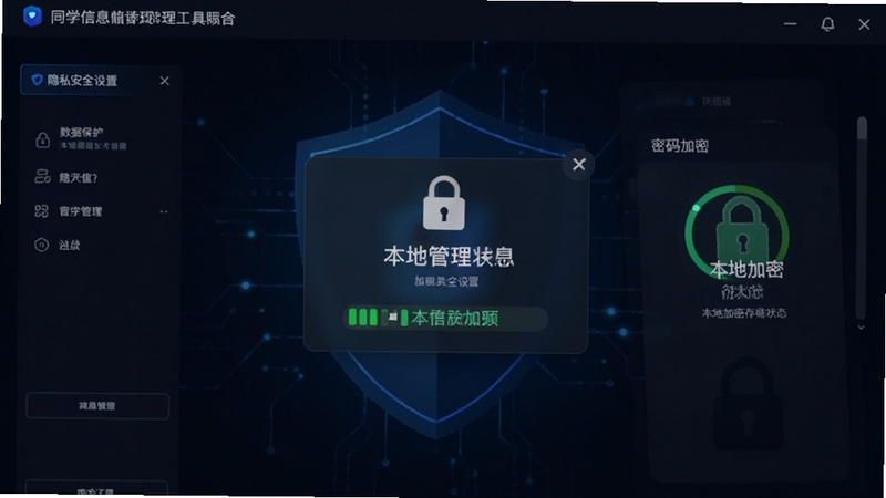 同学信息管理工具隐私安全设置界面,画面展示密码锁弹窗与本地加密存储状态指示,背景为深色安全主题风格,突出数据保护与安心使用的产品特性