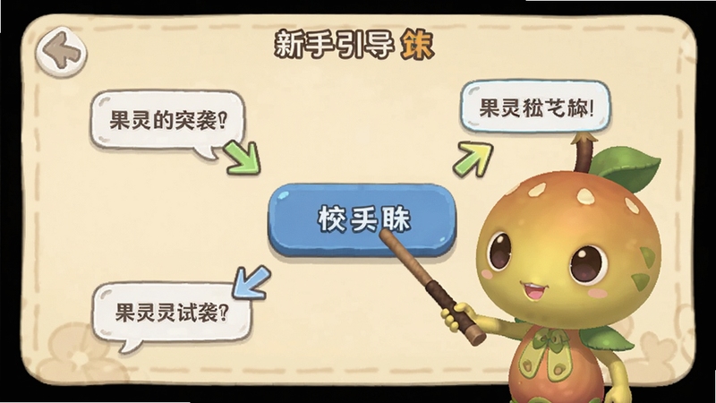 果灵突袭(TapTap测试版)新手引导界面,画面中有一个果灵角色手持指示棒指向屏幕中央的操作按钮,背景为柔和的米黄色,周围有箭头与文字气泡提示,适配Boogu模型生成