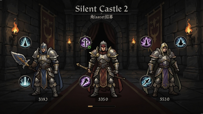 Silent Castle Ⅱ 角色招募界面,展示三位不同职业的英雄角色站立在城堡大厅,角色周围有技能图标和等级标识,背景是石质墙壁与火把,暗黑奇幻画风
