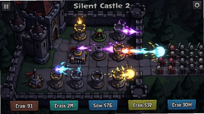 Silent Castle Ⅱ 塔防布阵界面,画面展示多个防御塔排列在城堡外围,敌人从右侧涌入,塔上显示攻击特效,界面下方有升级按钮,暗黑卡通风格,色彩对比鲜明