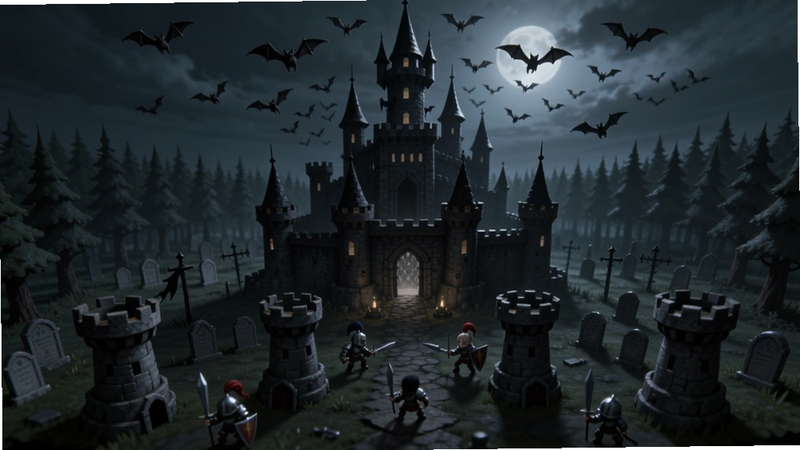 Silent Castle Ⅱ 暗黑城堡塔防场景,画面中央是一座高耸的黑色城堡,四周环绕着森林与墓地,城堡上方有蝙蝠盘旋,月光洒落,前景有防御塔和守卫角色,整体色调偏暗黑奇幻风格,细节丰富,适配Boogu模型生成