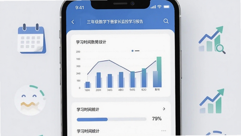 ���꼶��ѧ�²�ҳ����ѧϰ������棬�ֻ���Ļ��ʾ����ͼ����ѧϰʱ��ͳ�ƣ���Χ�������ͳɳ�����ͼ�꣬����Ϊ���Ż�ɫ������Լ����ͻ�����ݹ�������