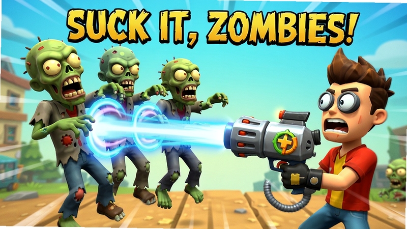 Suck it, Zombies! 游戏战斗画面,主角用吸力枪吸住三只僵尸,准备喷射,画面动态感强,卡通渲染,明亮色调,突出吸附与喷射的物理反馈