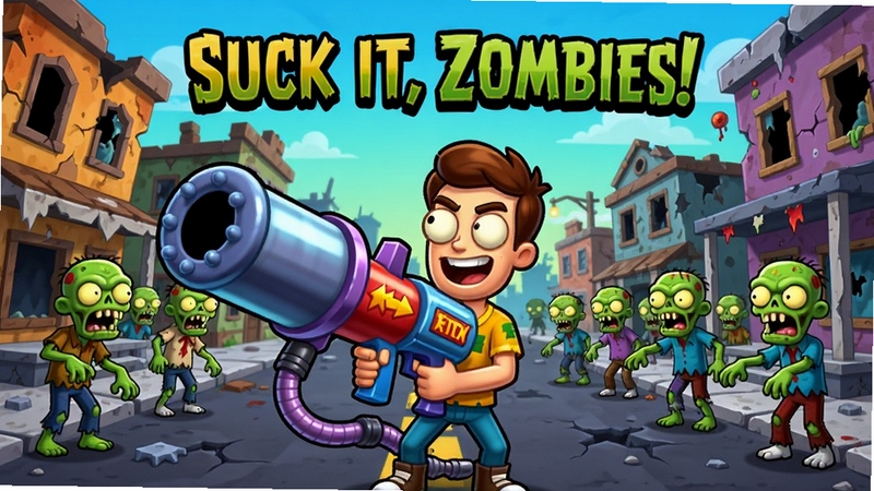 卡通风格僵尸小镇场景,Suck it, Zombies! 游戏主界面,画面中央一位手持巨型吸力枪的幸存者角色,背景为破败街道和成群的绿色僵尸,色彩明快,美式漫画渲染,横版构图,突出吸僵尸的核心玩法