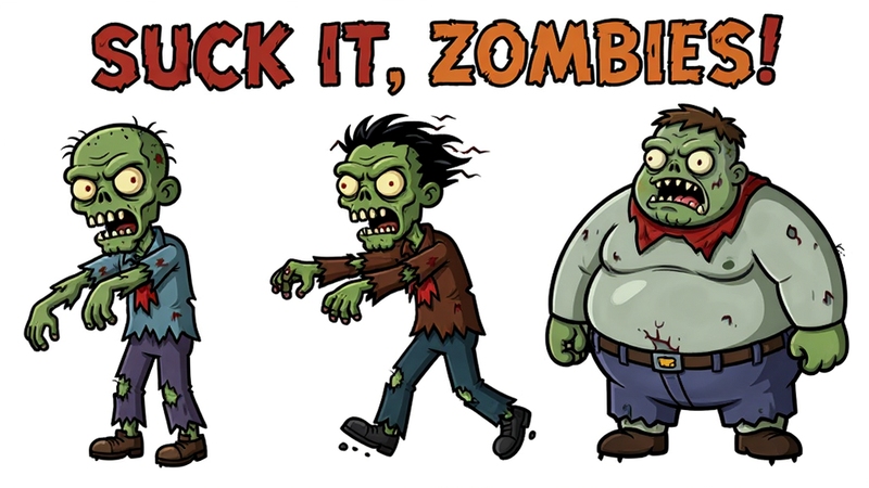 Suck it, Zombies! 多种僵尸角色设定图,包括普通僵尸、快速僵尸、胖子僵尸,卡通风格,白色背景,角色特征清晰
