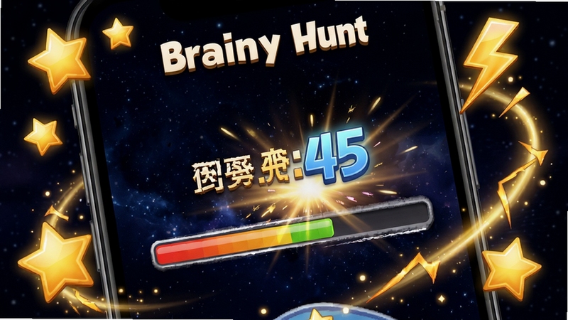 Brainy Hunt 限时答题界面特写,画面主体为手机屏幕内显示倒计时进度条与连击数字特效,背景区域为深色星空纹理,屏幕周围环绕金色星星和闪电图标,突出紧张刺激的答题氛围,Boogu 模型生成,高对比度,游戏UI风格