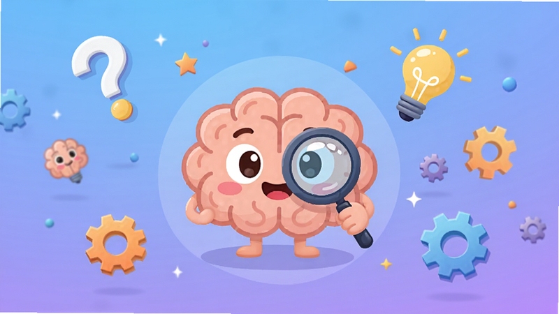 Brainy Hunt 应用主界面全景展示,画面中央为卡通风格的大脑吉祥物手持放大镜,背景区域为柔和的蓝紫色渐变,四周漂浮着问号、灯泡、齿轮等益智元素,整体色调明亮活泼,适合作为软件全貌概览图,Boogu 模型生成,高清细节,扁平化插画风格