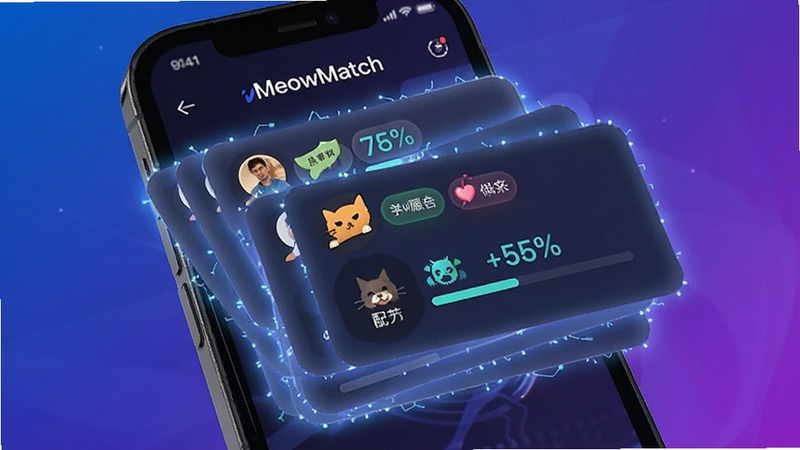 MeowMatch 智能配对界面,画面展示手机屏幕中多个用户卡片层叠排列,每张卡片上带有兴趣标签图标和契合度百分比,背景为科技感蓝紫渐变,卡片边缘有发光效果,整体呈现数据匹配的视觉风格,画面中自然融入 MeowMatch 文字标识