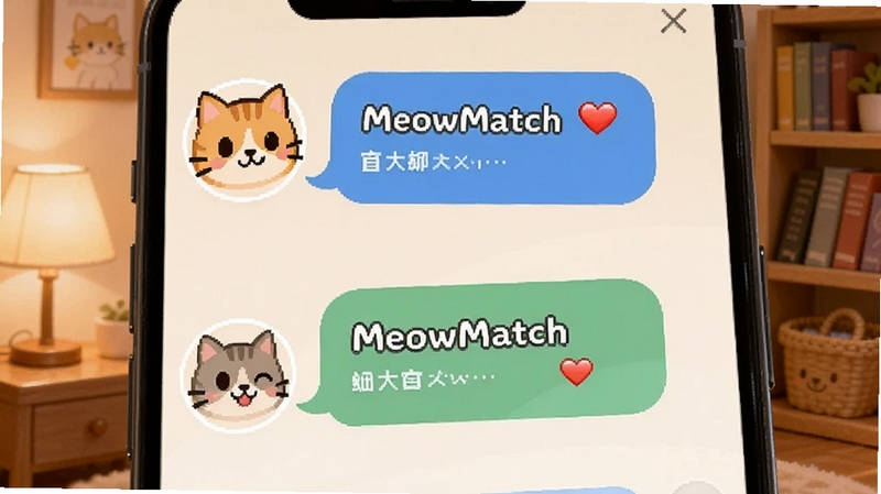 MeowMatch 聊天互动界面,画面为手机屏幕特写,显示两个卡通猫咪头像正在对话,聊天气泡中包含文字和爱心表情,背景为温馨的暖色调房间场景,有台灯和书架装饰,整体氛围轻松友好,突出 MeowMatch 的社交互动功能