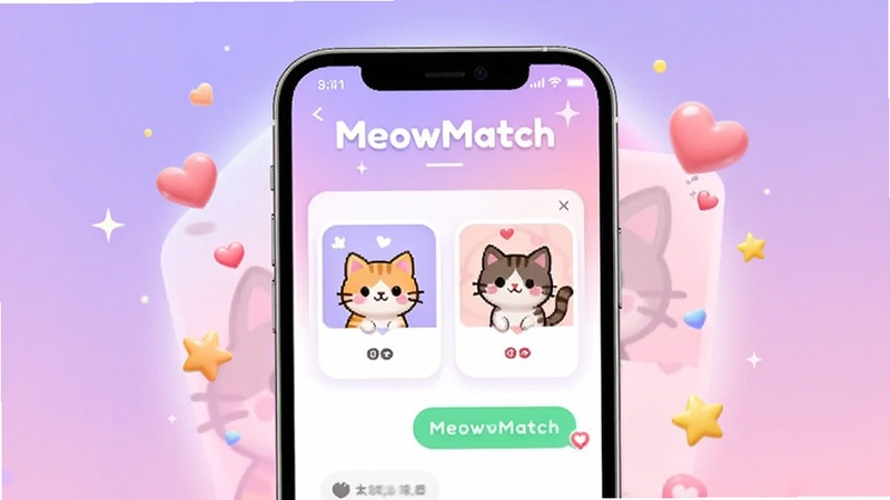 MeowMatch 应用主界面展示,画面中央是手机屏幕特写,屏幕内显示卡通猫咪风格的配对卡片与聊天气泡,背景为柔和的渐变紫色与粉色光晕,周围漂浮着爱心和星星装饰元素,整体风格清新可爱,适配 Boogu 模型生成,突出软件名称 MeowMatch 的社交配对氛围