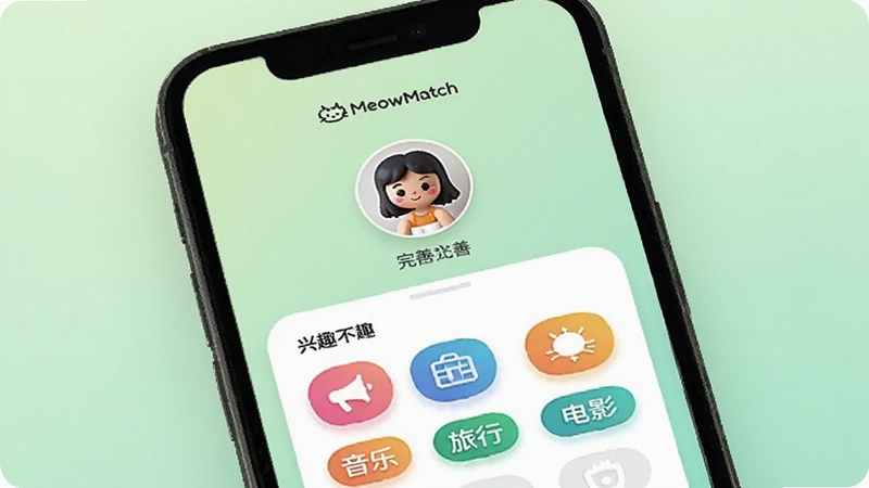 MeowMatch 个人资料完善界面,画面为手机屏幕展示用户头像上传区域和兴趣标签选择面板,标签包括音乐、旅行、电影等彩色图标,背景为柔和的浅绿色渐变,整体风格清新简洁,画面中带有 MeowMatch 标志