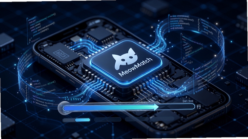 MeowMatch 性能优化示意图,画面展示手机内部芯片与数据流的抽象可视化,芯片周围环绕着轻盈的代码光带,背景为深蓝色科技网格,画面中央有 MeowMatch 图标与流畅运行的进度条,整体传达高效低耗的视觉概念
