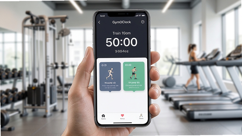 ����ʱ��GymOClock����������չʾ�������������ֻ���Ļ����Ļ����ʾѵ����ʱ���붯��ָ����Ƭ������Ϊ��������е���򣬹���������ͣ����������ִ���ͻ������ʱ�������ĺ��Ĺ���ȫò