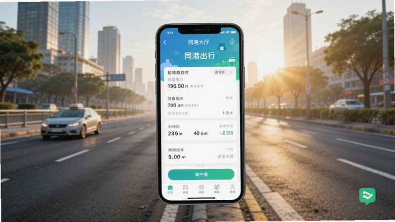 同港出行软件主界面截图,画面中央展示手机屏幕内同港出行APP的接单大厅界面,背景为城市道路与清晨阳光,整体色调明亮清新,突出出行服务主题,适合Boogu模型生成