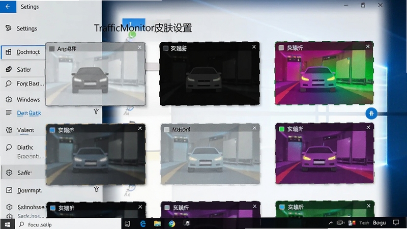 TrafficMonitor皮肤设置界面,展示多种悬浮窗皮肤样式预览,包括透明、暗黑、彩色等主题,背景为Windows设置窗口,UI布局整洁,适配Boogu模型生成