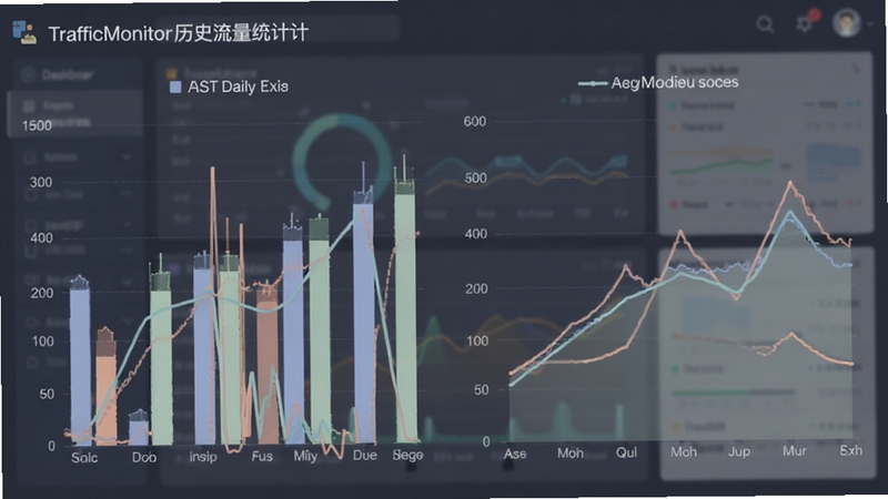 TrafficMonitor历史流量统计图表,展示月度每日流量柱状图与折线图,背景为数据分析仪表盘风格,色彩柔和,适配Boogu模型生成