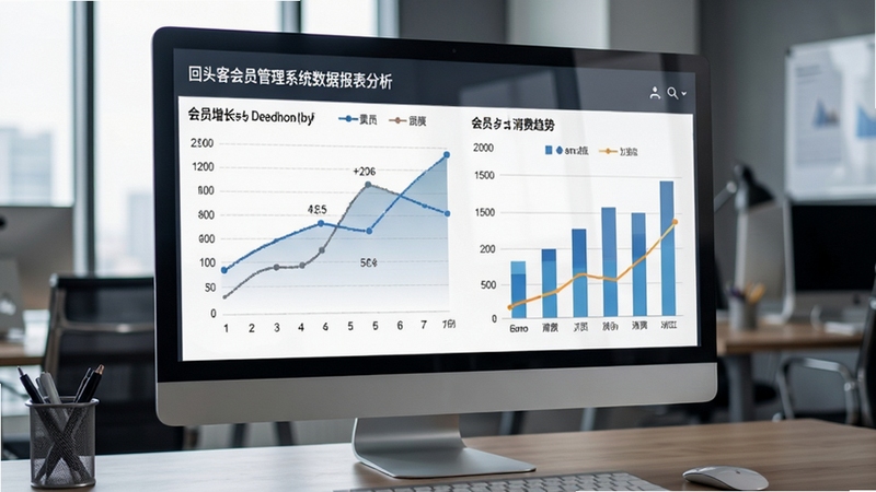 回头客会员管理系统数据报表分析页面,画面中央为多张统计图表,包括折线图与柱状图,展示会员增长与消费趋势,背景为现代办公室桌面,屏幕反光自然,整体色调沉稳专业