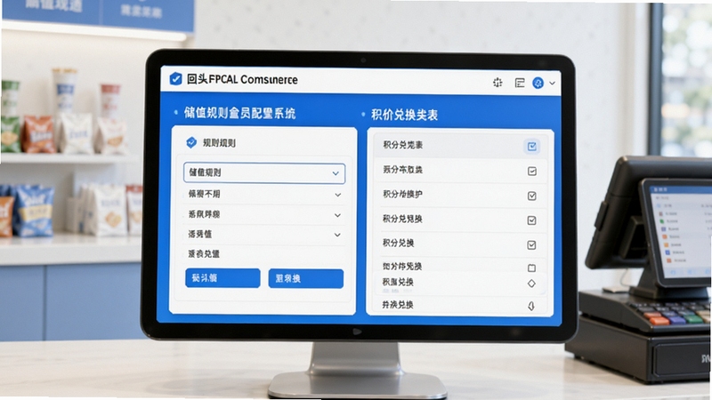 回头客会员管理系统储值与积分营销设置界面,画面展示储值规则配置面板与积分兑换列表,界面元素清晰,配色以蓝白为主,背景为简洁的店铺收银台场景,光线明亮,突出软件功能细节