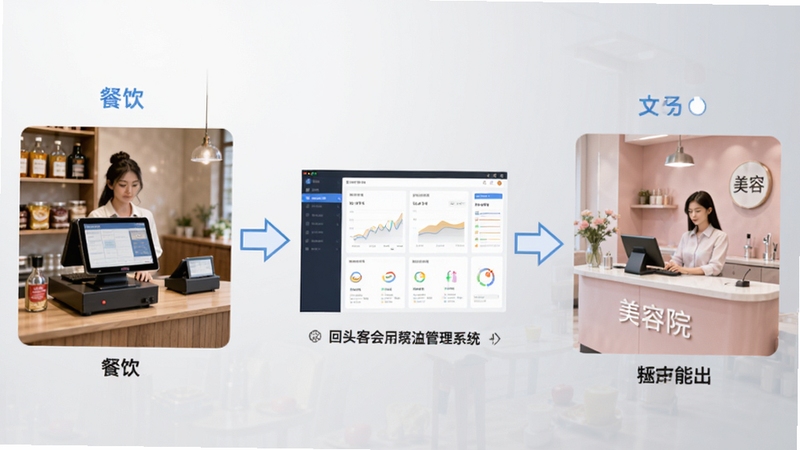 回头客会员管理系统多行业应用场景示意图,画面左侧为餐饮店收银台,右侧为美容院前台,中间用箭头连接至软件界面,背景为浅灰色渐变,整体风格简洁直观,突出跨行业适配能力