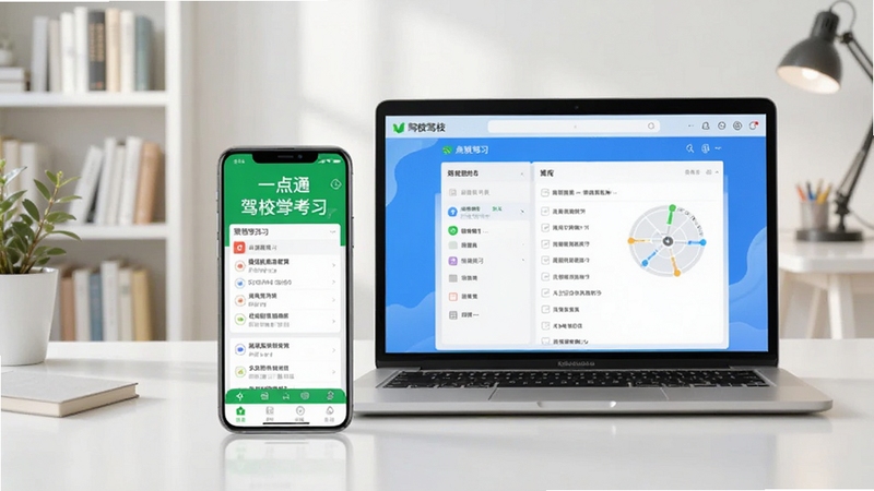 画面中央为一部智能手机和一台笔记本电脑并排摆放,屏幕均显示驾校一点通应用界面与题库练习页面,背景为明亮的书房环境,整体风格清爽简洁,突出驾考学习场景,画面比例16:9