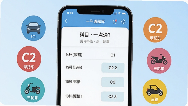 驾校一点通题库界面展示,手机屏幕中清晰呈现科目一题目与选项,周围环绕C1、C2、摩托车、三轮车等车型图标,背景为淡蓝色渐变,风格扁平化设计,突出全车型覆盖概念