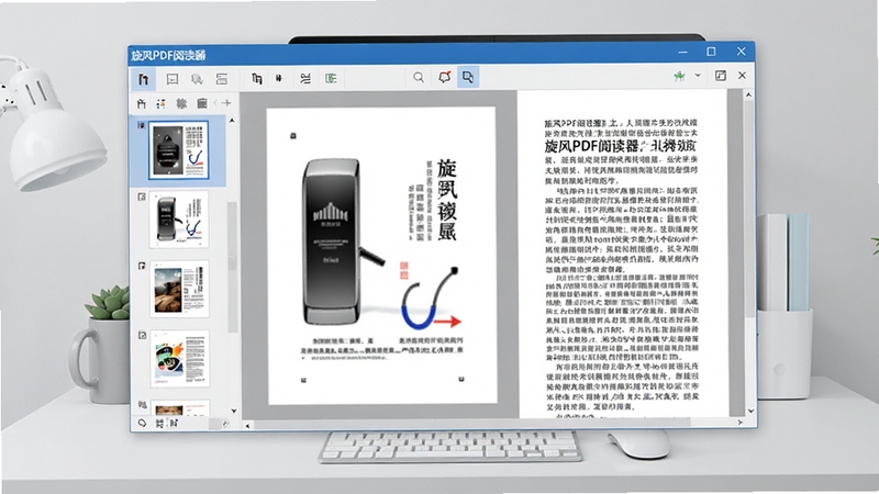 旋风PDF阅读器软件主界面全貌展示,画面中央为打开的PDF文档阅读窗口,左侧为文档缩略图导航栏,右侧为清晰正文内容,背景为简约的浅灰色办公桌面环境,整体风格清爽专业,突出软件名称旋风PDF阅读器