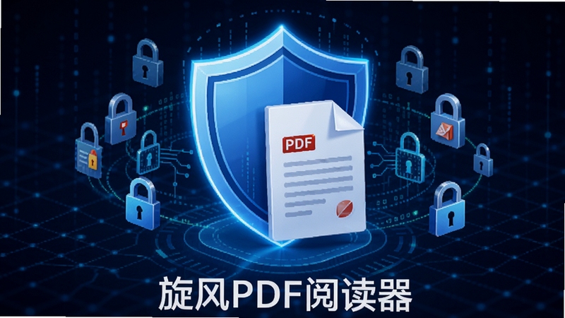 旋风PDF阅读器安全防护概念图,画面中央为一个发光的盾牌图标,盾牌前方是一份PDF文档,周围环绕着锁形符号和数据加密线条,背景为深蓝色科技网格,整体传达安全可靠的视觉感受,软件名称旋风PDF阅读器位于画面下方