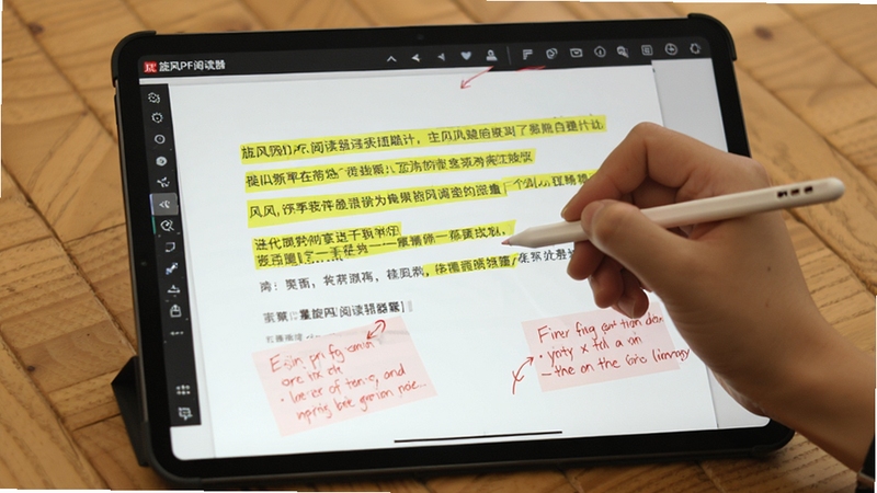 旋风PDF阅读器标注工具栏使用场景图,画面展示一只手握触控笔在平板电脑屏幕上对PDF文档进行高亮标注操作,屏幕上显示黄色高亮文字和红色批注便签,背景为木质桌面,软件名称旋风PDF阅读器出现在屏幕角落