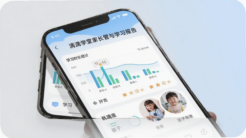 滴滴学堂家长管控与学习报告界面,画面展示手机屏幕上的学习时长统计图表、成绩星级评价和孩子头像档案,背景为简洁的浅灰色与淡蓝色,整体呈现清晰的数据管理风格
