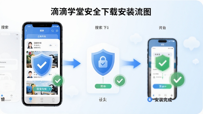 滴滴学堂安全下载安装流程图,画面展示手机屏幕从应用市场搜索到安装完成的步骤分解,包含盾牌安全图标和绿色对勾标记,背景为干净的白色与浅蓝色,整体风格简洁清晰,突出安全下载主题
