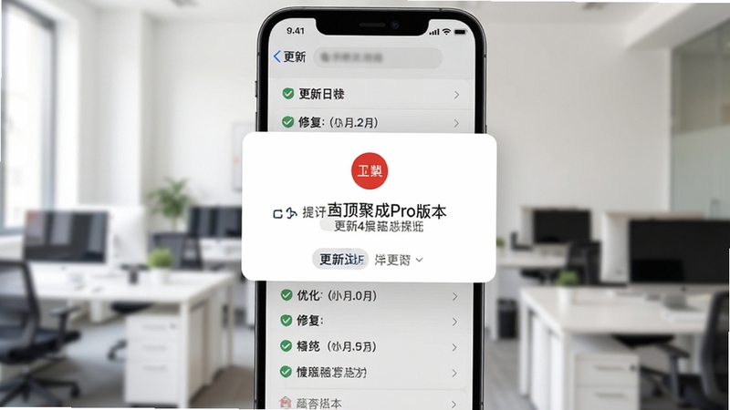 红顶聚成Pro版本更新提示弹窗,手机屏幕中央显示更新日志列表,包含优化与修复条目,背景为浅色办公环境虚化,画面简洁,突出版本迭代信息