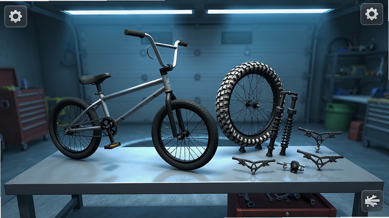 Downhill Race Extreme BMX Rush游戏内车辆改装界面,画面主体为工作台上的一辆BMX小轮车,旁边陈列着不同花纹的轮胎、避震前叉与刹车组件,背景为虚拟车库环境,冷色调灯光从上方打下,界面元素简洁清晰,突出改装与升级玩法,3D渲染风格