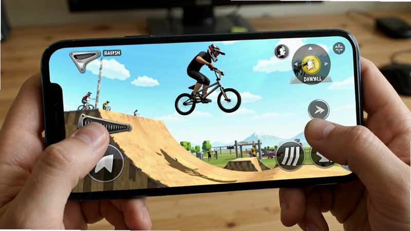 一名玩家手持手机横屏游玩Downhill Race Extreme BMX Rush,拇指分别按在屏幕两侧的虚拟刹车与加速按键上,背景为室内桌面环境,手机屏幕中显示BMX自行车正在下坡腾空,画面明亮清晰,突出移动端操作场景与游戏界面布局