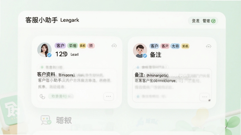 客服小助手客户信息备注与标签管理界面,画面展示客户资料卡片,卡片上带有彩色标签和备注文本框,界面风格柔和圆角,背景为白色与浅绿色搭配,体现信息管理的有序性