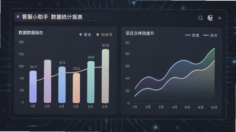 客服小助手数据统计报表界面,画面展示柱状图和折线图组合的数据面板,图表颜色柔和,背景为深灰色科技感风格,突出数据分析与工作效率提升的主题