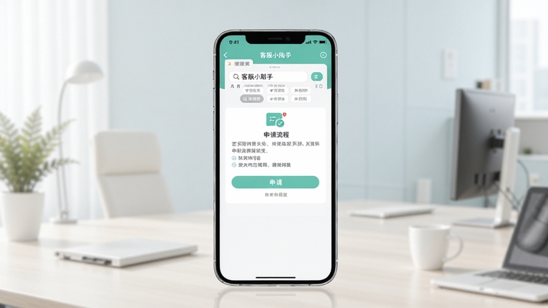 客服小助手小程序申请流程示意图,画面展示手机屏幕中微信搜索界面和申请页面,背景为浅色办公场景,风格清新简洁