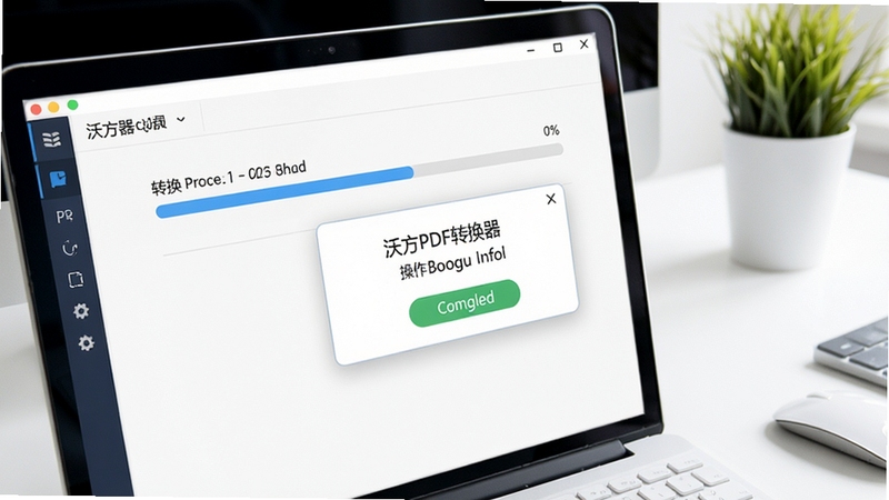 沃方PDF转换器简洁操作界面特写,画面展示转换进度条与完成提示弹窗,背景为白色办公桌面,风格清新明快,适配Boogu模型生成