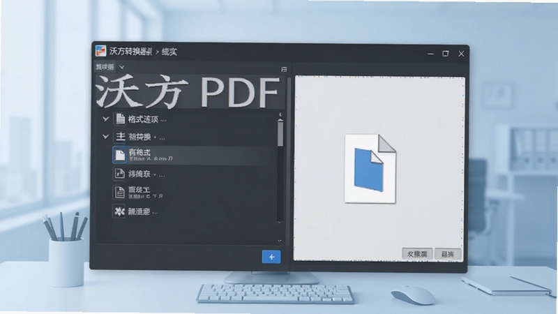沃方PDF转换器软件主界面全貌展示,画面中央为软件功能面板,左侧为格式转换选项列表,右侧为文件拖拽区域,背景为淡蓝色渐变办公场景,整体风格简洁专业,适配Boogu模型生成