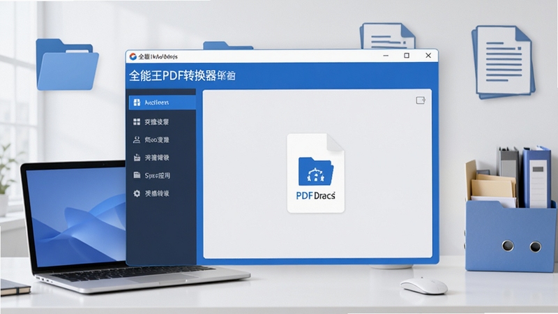 全景展示全能王PDF转换器软件主界面,画面中央为软件窗口主体,左侧为功能导航栏,右侧为文件拖拽操作区,背景为简约现代办公桌面环境,搭配笔记本电脑、文件夹与文档图标,整体色调以蓝白为主,突出专业与高效氛围,画面细节清晰,适合软件下载站展示