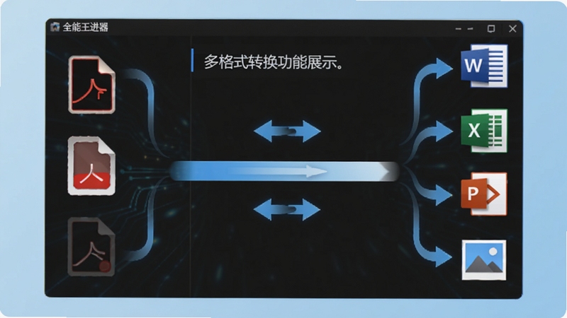 全能王PDF转换器多格式转换功能展示图,画面中央为软件转换进度界面,左侧显示PDF文件图标,右侧分别显示Word、Excel、PPT、图片等格式图标,中间用箭头连接表示双向转换关系,背景为浅蓝色渐变,整体风格简洁科技感强,适合软件功能介绍配图