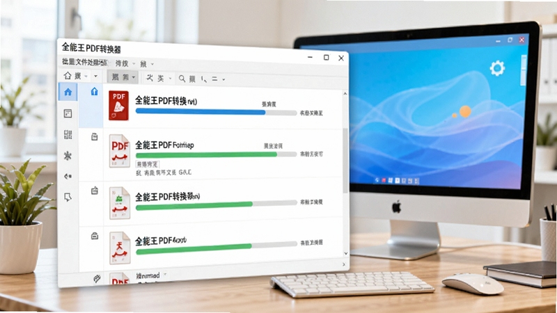 全能王PDF转换器批量文件处理场景图,画面展示软件界面中多个PDF文件列表正在同时转换,进度条显示不同完成状态,背景为办公桌与电脑屏幕,整体色调明亮,突出高效批量处理能力