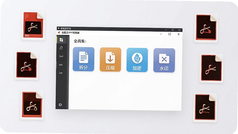 全能王PDF转换器PDF工具集功能展示图,画面中央为软件工具箱界面,展示合并、拆分、压缩、加密、水印等图标按钮,周围环绕PDF文档图标,背景为柔和的浅灰色,整体布局清晰有序,适合软件功能说明配图