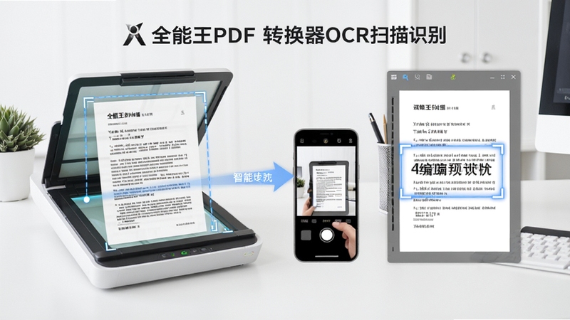 全能王PDF转换器OCR扫描识别功能示意图,画面展示一张纸质文档图片经过软件处理后转换为可编辑电子文档的过程,画面中包含扫描仪、手机拍照、文字识别框等元素,背景为简洁的白色办公环境,突出智能化识别特点
