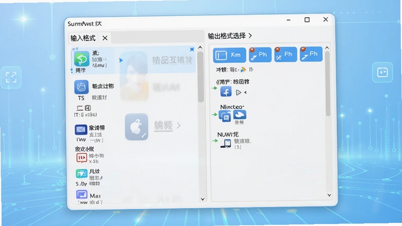 视频格式转换器全格式互转功能展示界面,软件主界面居中,左侧显示输入格式列表,右侧显示输出格式选择区,背景为浅蓝色渐变科技风格,图标清晰明亮