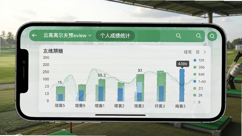 手机屏幕显示云高高尔夫的个人成绩统计图表,背景是高尔夫练习场的打位,画面光线柔和,突出数据可视化界面,alt=云高高尔夫预览图
